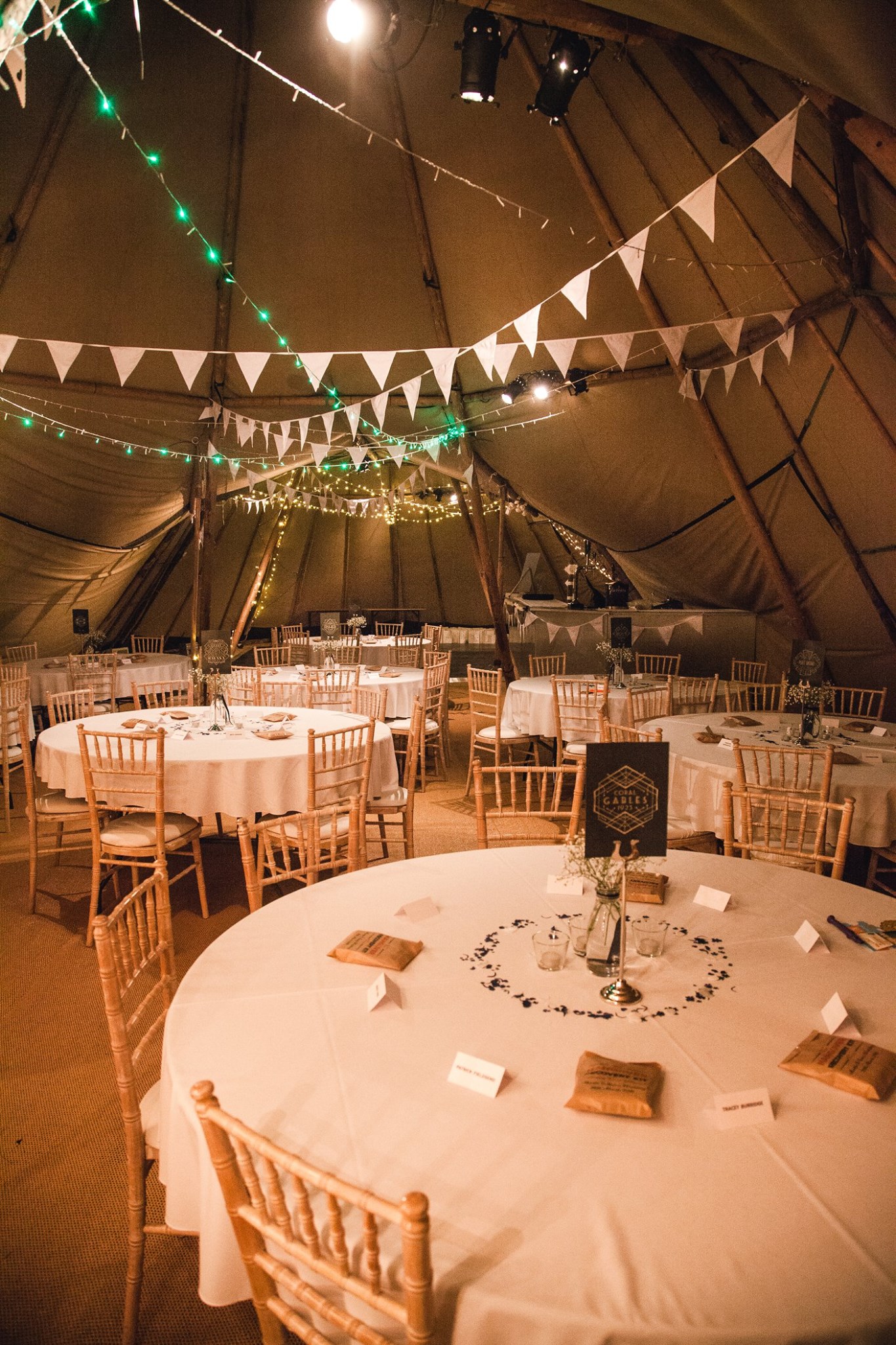 Wedding marquee with tables and chairs in Whitehead, Northern Ireland