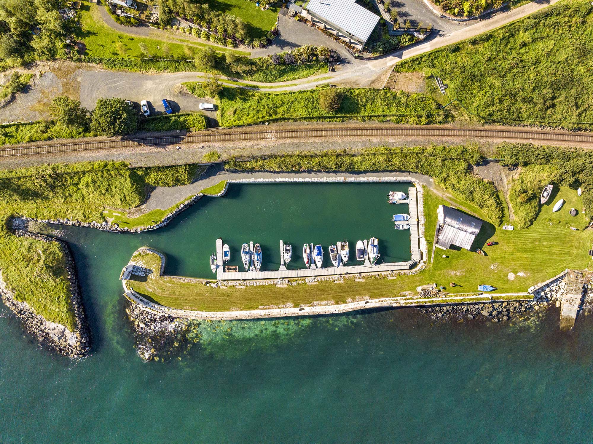 Birds eye view of Whiteharbour dock in Whitehead, Northern Ireland