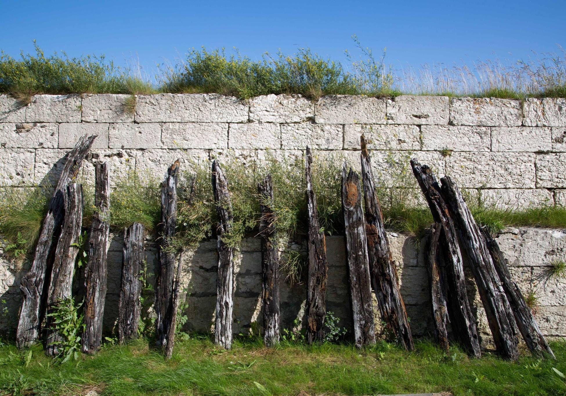 Old wooden beams of the old Whiteharbour dock in Whitehead, Northern Ireland